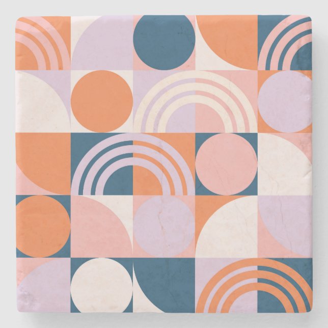 Mid-Century Circles Stripes: Geometric Pattern Stone Coaster (Front)