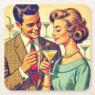 Mid Century Cocktail Party Couples - Temptation Square Paper Coaster