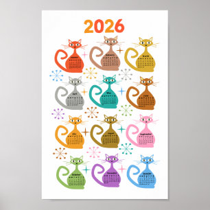 Mid Century Colourful Atomic Cats 2026 Calendar  Poster