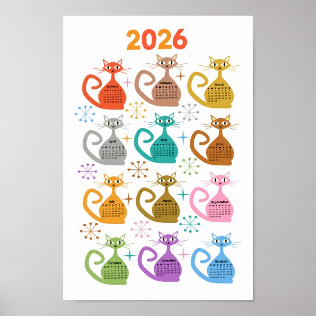 Mid Century Colourful Atomic Cats 2026 Calendar  Poster (Front)