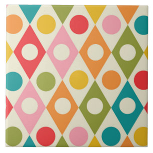 Mid Century Colourful Circles on Diamonds Pattern Ceramic Tile