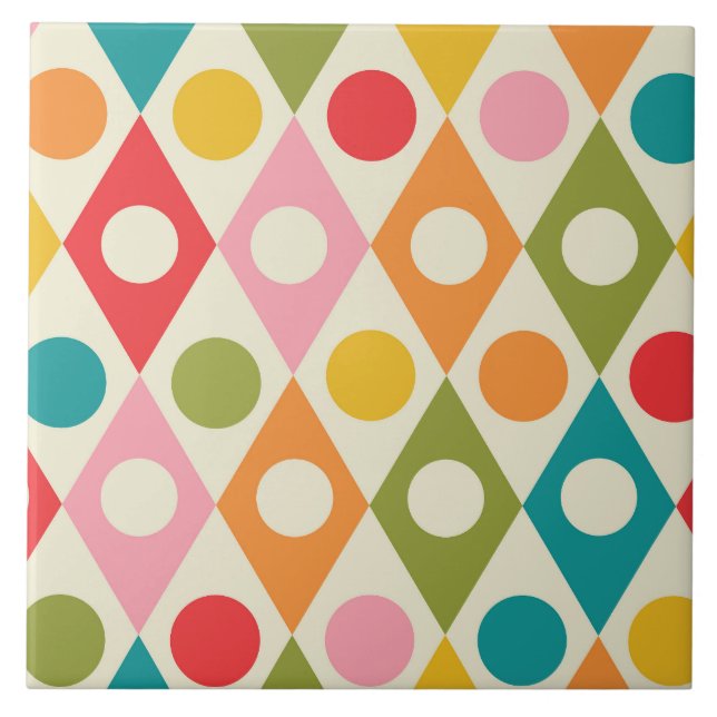 Mid Century Colourful Circles on Diamonds Pattern  Ceramic Tile (Front)
