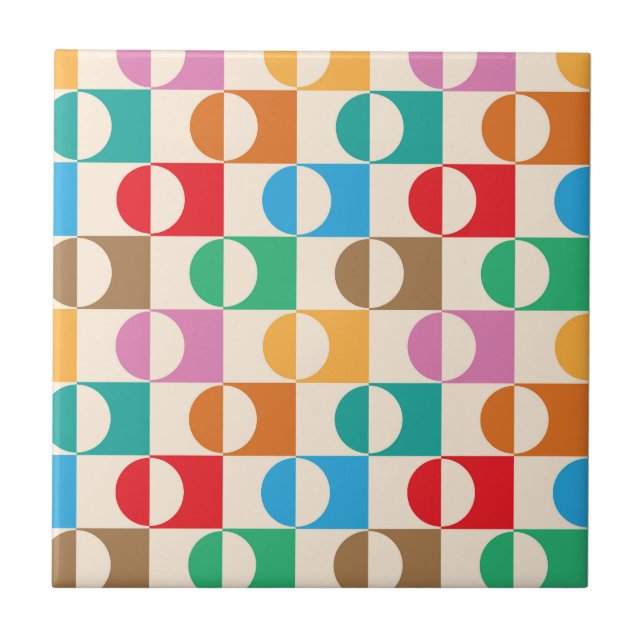 Mid Century Colourful Circles on Squares Pattern Ceramic Tile (Front)