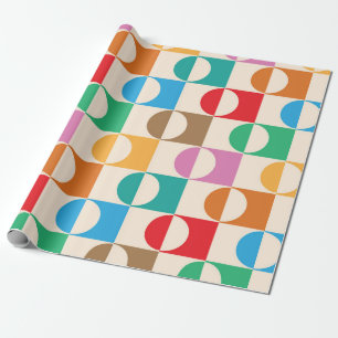 Mid Century Colourful Circles on Squares Pattern  Wrapping Paper