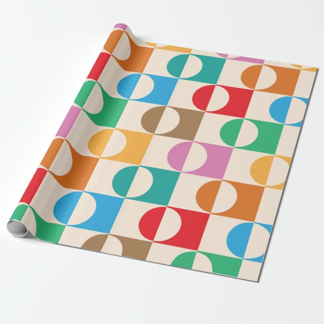 Mid Century Colourful Circles on Squares Pattern  Wrapping Paper (Unrolled)