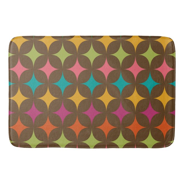 Mid Century Colourful Retro Starbursts on Brown  Bath Mat (Front)