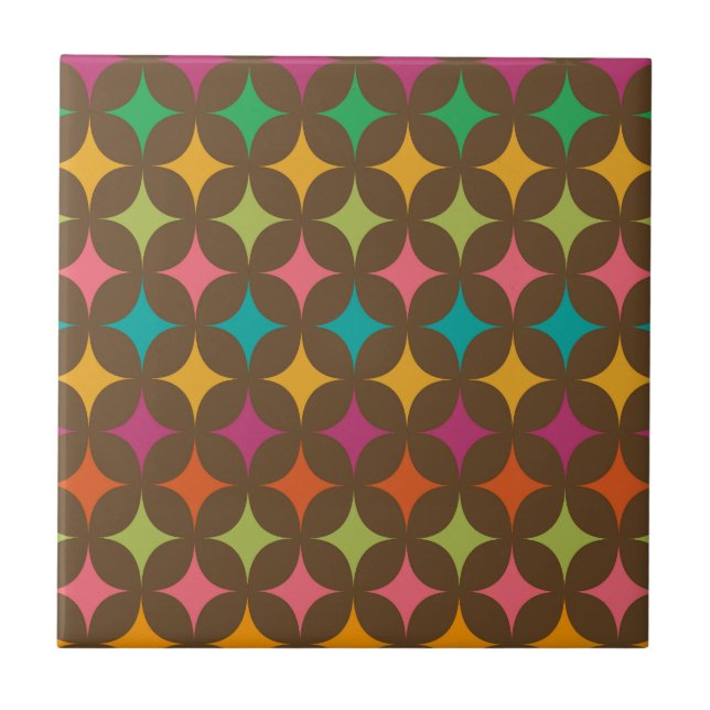 Mid Century Colourful Retro Starbursts Pattern  Ceramic Tile (Front)