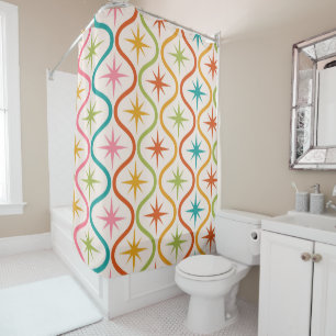 Mid Century Colourful  Starbursts On Ogee Pattern  Shower Curtain