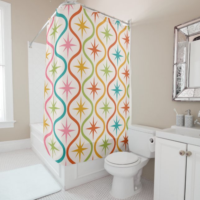 Mid Century Colourful  Starbursts On Ogee Pattern  Shower Curtain (In Situ)