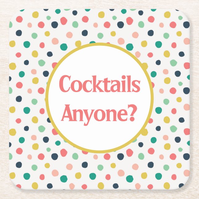 Mid Century Custom Cocktails Orange Gold Teal Dots Square Paper Coaster (Front)