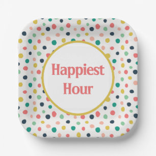 Mid Century Custom Happy Hour Orange Gold Teal Dot Paper Plate