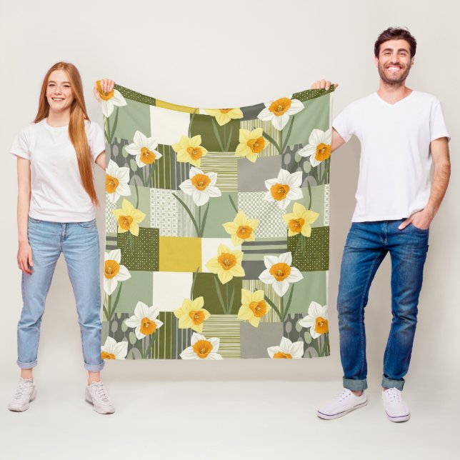 Mid-Century Daffodil Floral Pattern (1) Fleece Blanket (In Situ)