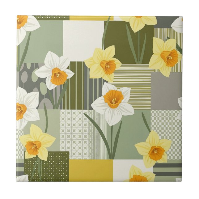 Mid-Century Daffodil Floral Pattern Ceramic Tile (Front)