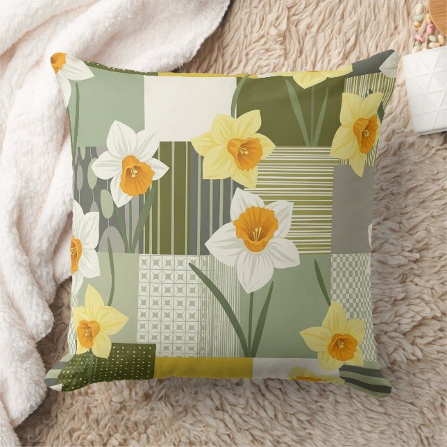Mid-Century Daffodil Floral Pattern Cushion (Blanket)