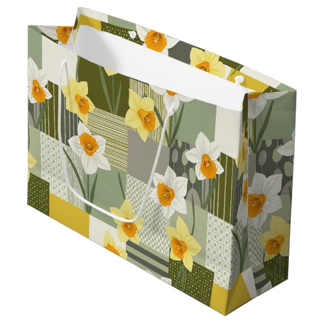 Mid-Century Daffodil Floral Pattern Large Gift Bag (Front Angled)