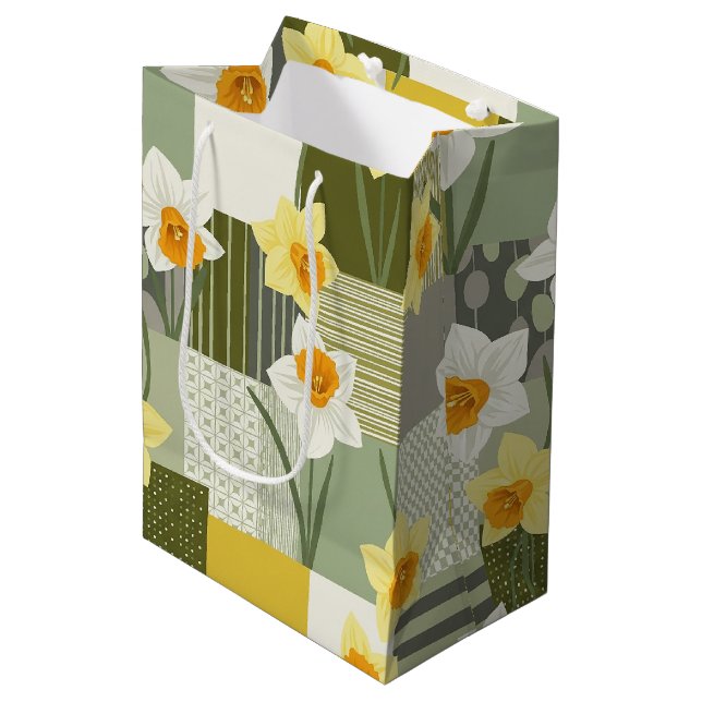Mid-Century Daffodil Floral Pattern Medium Gift Bag (Front Angled)