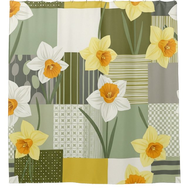 Mid-Century Daffodil Floral Pattern Shower Curtain (Front)