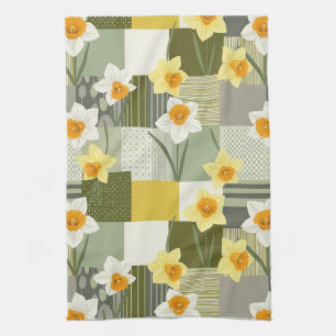 Mid-Century Daffodil Floral Pattern Tea Towel