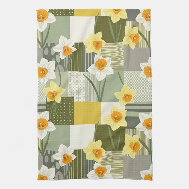 Mid-Century Daffodil Floral Pattern Tea Towel (Vertical)