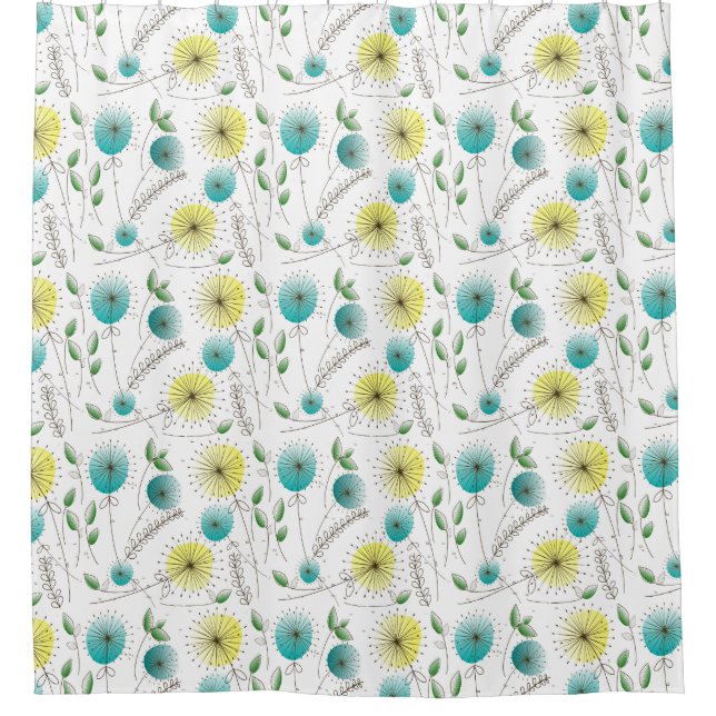 Mid-Century Dandelion Clocks Yellow and Blue Shower Curtain (Front)