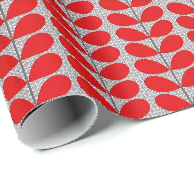 Mid Century Danish Leaves, Deep Red & Grey / Grey Wrapping Paper (Roll Corner)