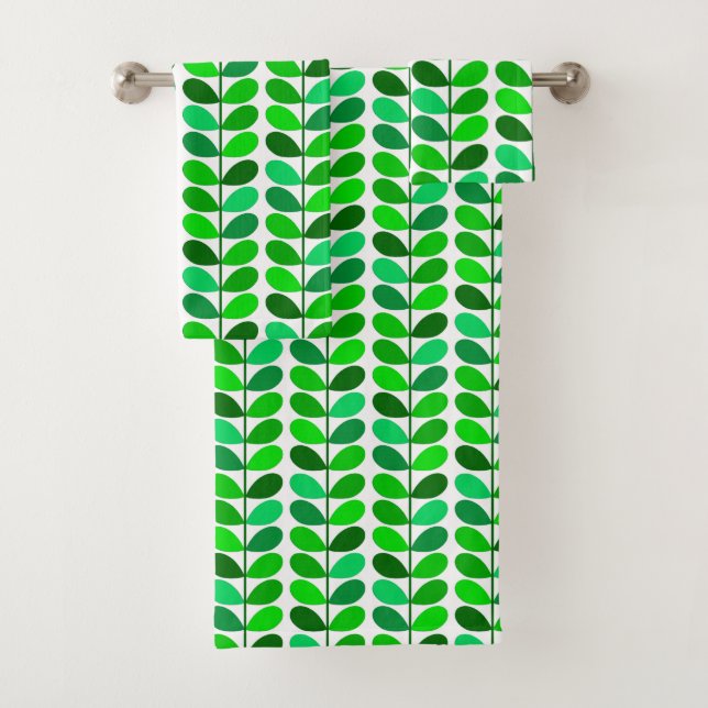 Mid Century Danish Leaves, Emerald and Lime Green Bath Towel Set (Insitu)