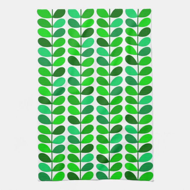 Mid Century Danish Leaves, Emerald and Lime Green Tea Towel (Vertical)