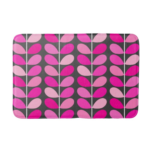 Mid Century Danish Leaves, Fuchsia Pink and Grey Bath Mat (Front)