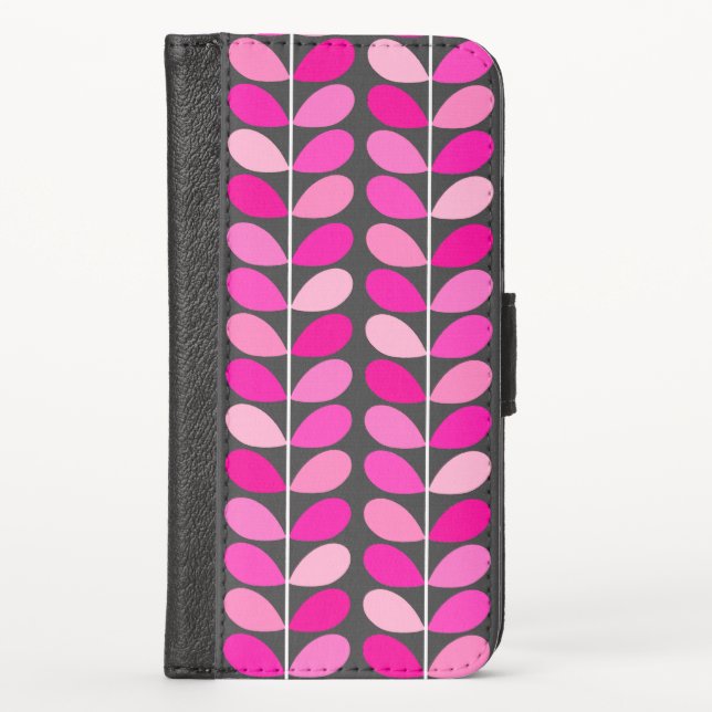 Mid Century Danish Leaves, Fuchsia Pink and Grey iPhone Wallet Case (Front)