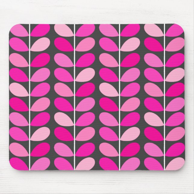 Mid Century Danish Leaves, Fuchsia Pink and Grey Mouse Pad (Front)