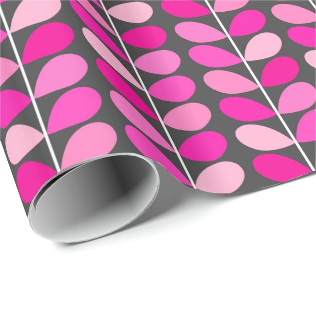 Mid Century Danish Leaves, Fuchsia Pink and Grey Wrapping Paper (Roll Corner)