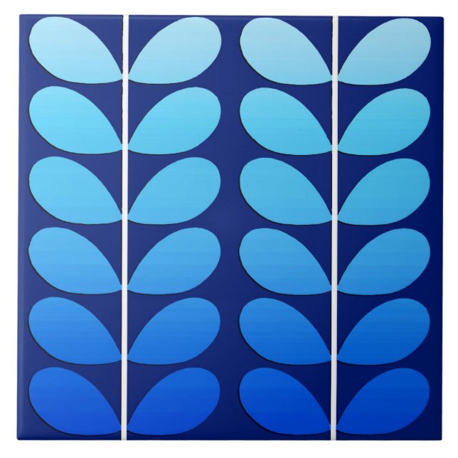 Mid Century Danish Leaves, Navy and Cobalt Blue Ceramic Tile (Front)