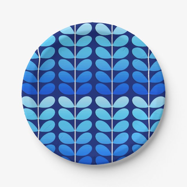 Mid Century Danish Leaves, Navy and Cobalt Blue Paper Plate (Front)