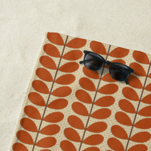 Mid Century Danish Leaves, Rust Brown and Beige Beach Towel