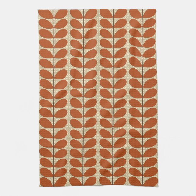 Mid Century Danish Leaves, Rust Brown and Beige Tea Towel (Vertical)
