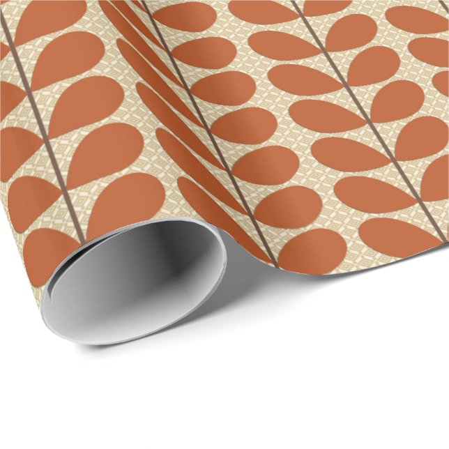 Mid Century Danish Leaves, Rust Brown and Beige Wrapping Paper (Roll Corner)