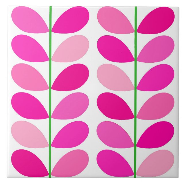 Mid Century Danish Leaves, Shades of Fuchsia Pink Ceramic Tile (Front)