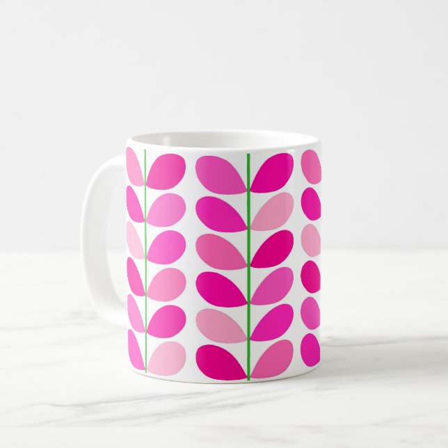 Mid Century Danish Leaves, Shades of Fuchsia Pink Coffee Mug (Front Left)