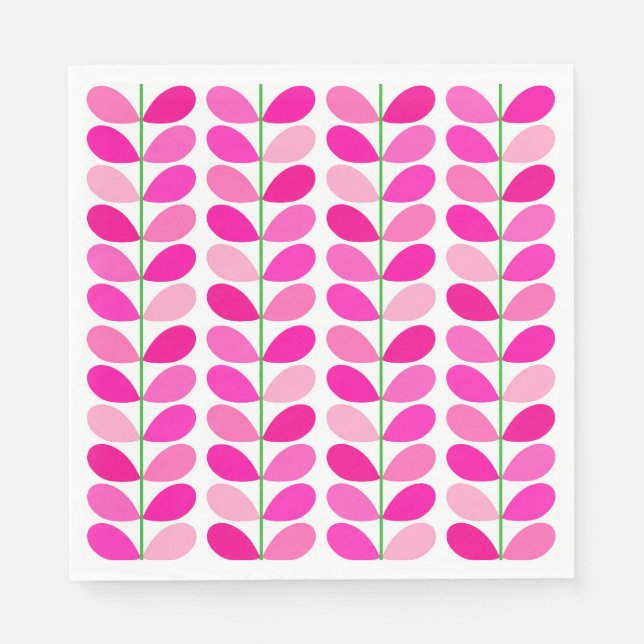 Mid Century Danish Leaves, Shades of Fuchsia Pink Napkin (Front)