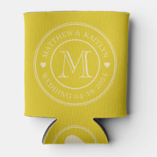 Mid-Century Dark Lemon Wedding Monogram Heart Can Cooler