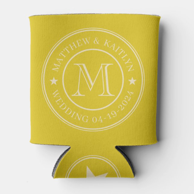 Mid-Century Dark Lemon Wedding Monogram Star Can Cooler (Front)