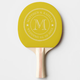 Mid-Century Dark Lemon Wedding Monogram Star Ping Pong Paddle
