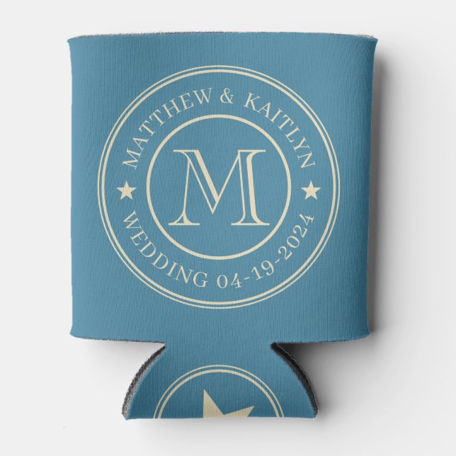 Mid-Century Deep Aqua Wedding Monogram Star Can Cooler (Front)