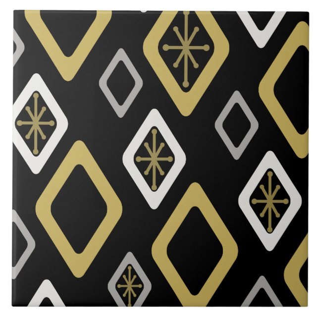 Mid Century Diamonds Black Gold Ceramic Tile (Front)