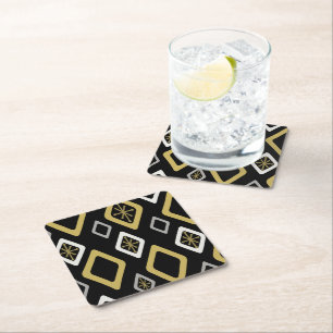 Mid Century Diamonds Black Gold Square Paper Coaster