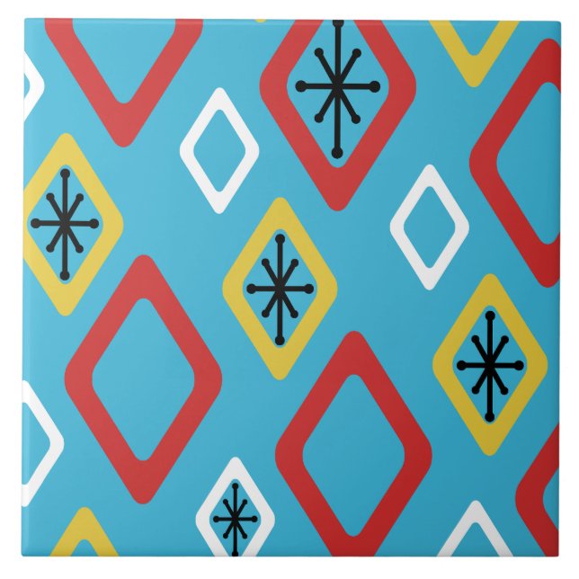 Mid Century Diamonds Blue Red Yellow Ceramic Tile (Front)