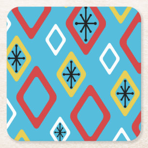 Mid Century Diamonds Blue Red Yellow Square Paper Coaster