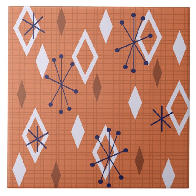 Mid Century Diamonds Starbursts Burnt Orange Ceramic Tile (Front)