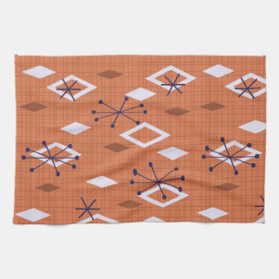 Mid Century Diamonds Starbursts Burnt Orange Tea Towel