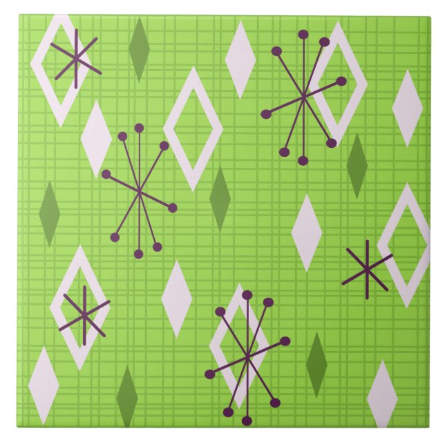 Mid Century Diamonds Starbursts Chartreuse Ceramic Tile (Front)